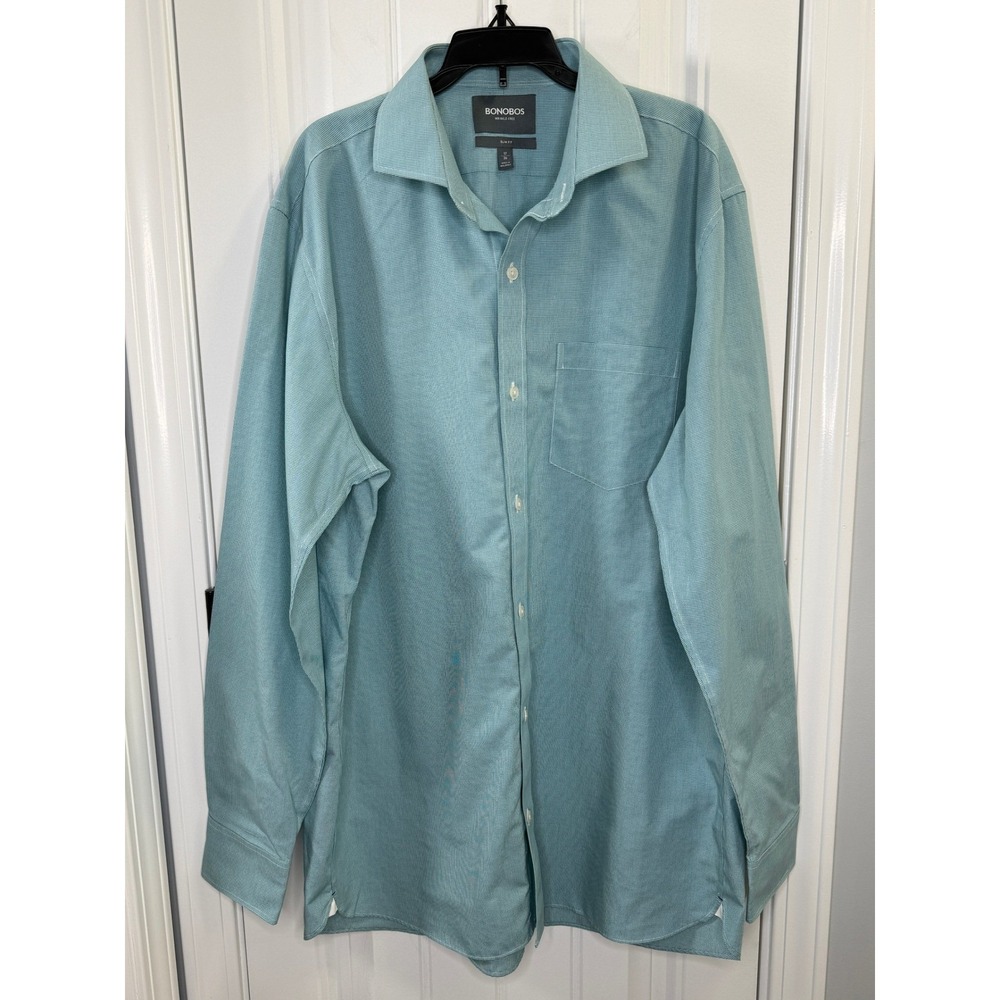 Bonobos Men Dress Shirt Teal Micro Gingham Minimalist Business Casual 17 36